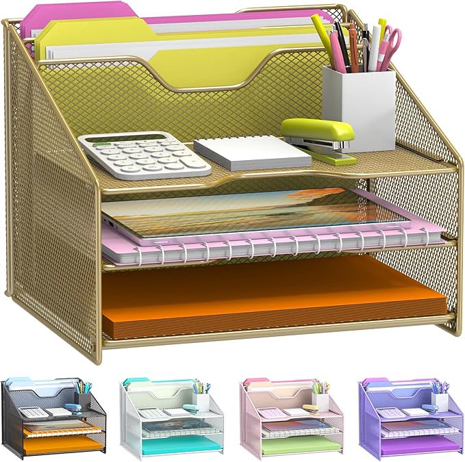Samstar Gold Desk File Organizer, Mesh Letter File Folder Holder with 3 Paper Trays and 2 Vertical Upright Section, Gold