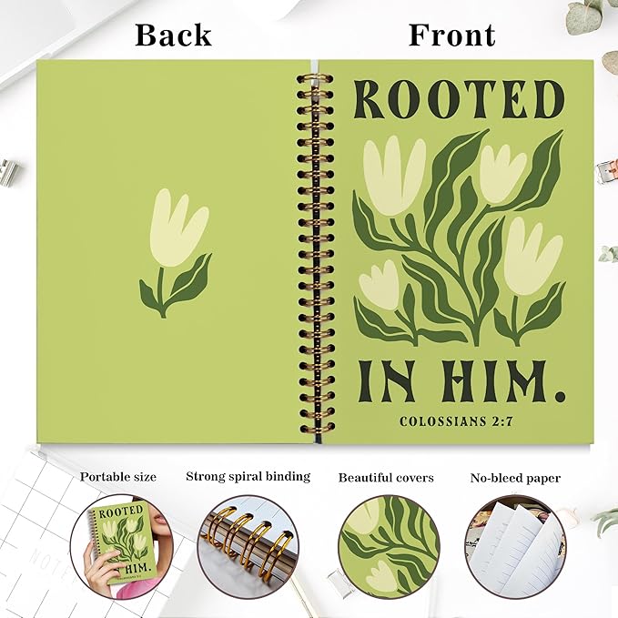 Bible Journal, A5 Spiral Christian Bible Green Flower Notebook, Rooted in Him, Bible Verse Gift for Women Men Birthday Christmas, Sunday School, Office Supplies, Bible Study (Green-flower)