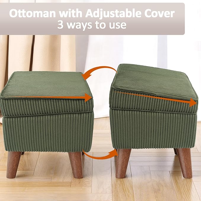 Storage Ottoman with Adjustable Lid, Soft Step Stool, Footrest and Seat, Ottoman Foot Rest for Living Room, Bedroom, Dorm, Green