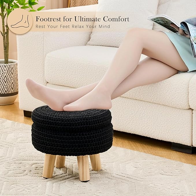 Round Storage Ottoman Foot Rest Cotton Braided Foot Stool Pouf Ottoman with Solid Wood Legs Footstool with Storage Shoe Changing Stool for Living Room Black