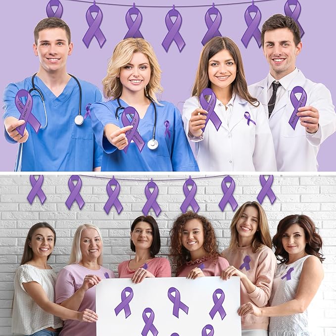 Kosiz 100 Pack Large Purple Ribbon Set 100 Alzheimer's Awareness Cutouts 2 Marker Pens 100 Wooden Clips with Rope Domestic Violence Awareness Items for Purple Recovery Month Charity Supplies