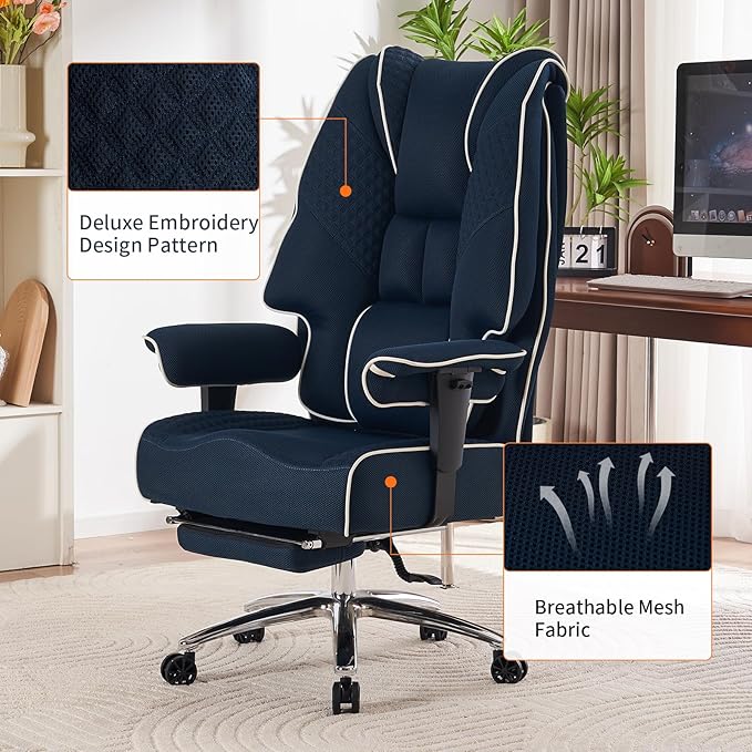 Big and Tall Office Chair 400lbs Wide Seat, Leather High Back Executive Office Chair with Foot Rest, Ergonomic Chairs Lumbar Support for Lower Back Pain Relief (Mesh Dark Blue)