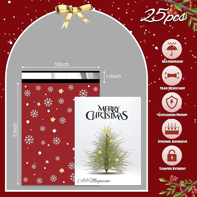 Christmas Poly Mailer 10x13 Inch 25 Pcs, Waterproof Shipping Bags for Clothing, Tear-Resistant Mailier, Strong Mailing With Self-Seal - Red Merry Christmas