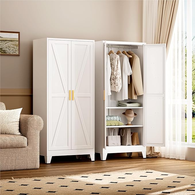 Farmhouse Wardrobe Cabinet,Metal Wardrobe Closet with Hanging Rod,Metal Armoire with Adjustable Shelves for Bedroom,Living Room, Cloak Room,Office (White)