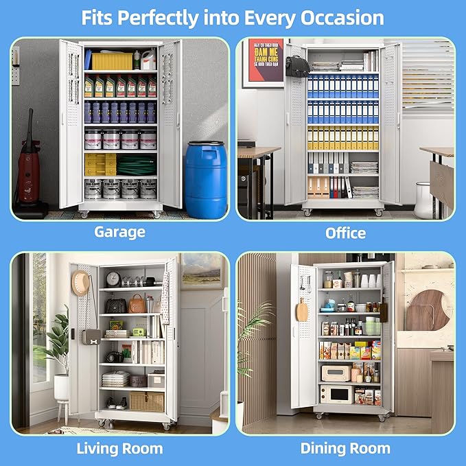 Aobabo Upgraded Garage Storage Cabinets with Wheels,Metal Storage Cabinets with 5 Adjustable Shelves for Garage Home Office Storage, White,71''H*32''W*16''D,Assembly Required