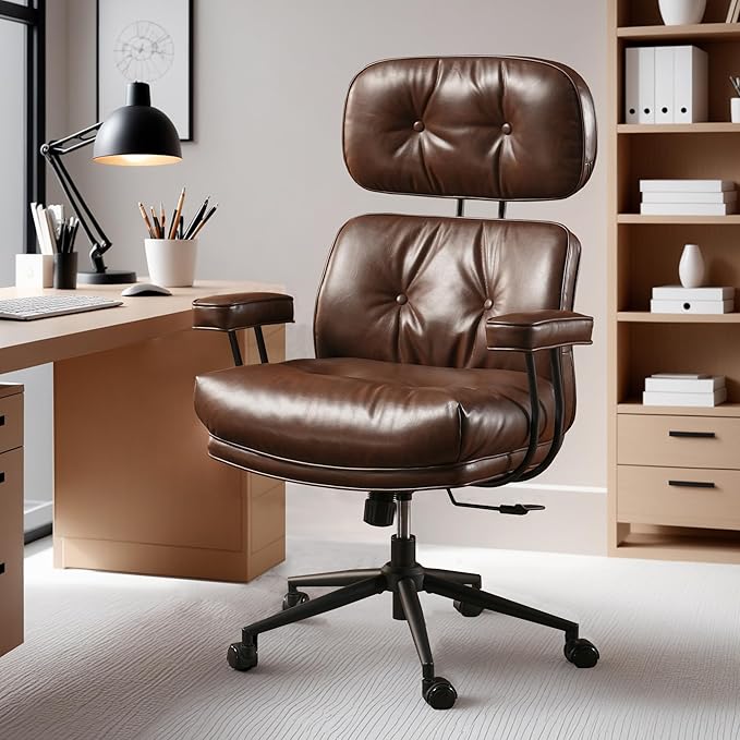 ovios Home Office Chair, Mid-Century Modern Faux PU Leather Chairs with Lumbar Support Comfy Thick Cushion, High Back Ergonomic Swivel Rolling Executive Armchair (Dark Brown, PU Leather)
