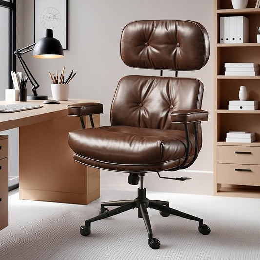 ovios Home Office Chair, Mid-Century Modern Faux PU Leather Chairs with Lumbar Support Comfy Thick Cushion, High Back Ergonomic Swivel Rolling Executive Armchair (Dark Brown, PU Leather)