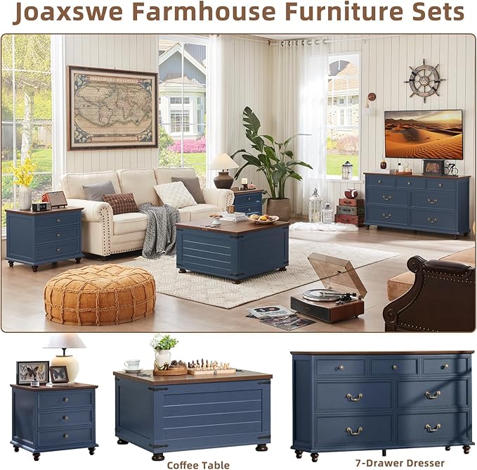24" Wide Farmhouse Night Stand Set of 2,Large End Table with 3 Drawers & Metal Handle,Blue Wood Dresser for Bedroom Cabinet, Bed Side Table Chest of Drawers,Nightstand for Living Room,Closet