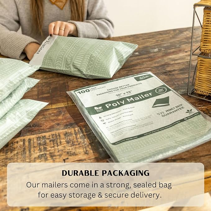 Poly Mailers 10x13 Inch 100 Pack Medium Shipping Bags Strong Thick Mailing Envelopes | Self Sealing Adhesive | Waterproof & Tear Resistant | Small Business Packaging for Clothing - Boho Sage Green