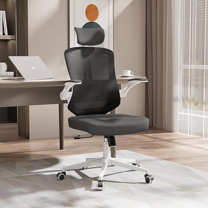 Office Desk Chair, High Back Ergonomic Comfy Offiec Chairs, Computer Mesh Chair with Folding Arms, Adjustable Headrest, Capacity 350LBS, Lumbar Support