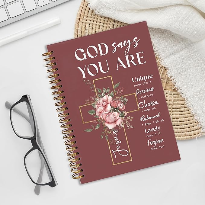 Bible Notebook, A5 Spiral Christian Journal with Floral Pink Butterfly Notebook, Bible Verse-God Says You Are, Inspirational Notebooks for Women, Bible Study, Gift for Birthday Christmas