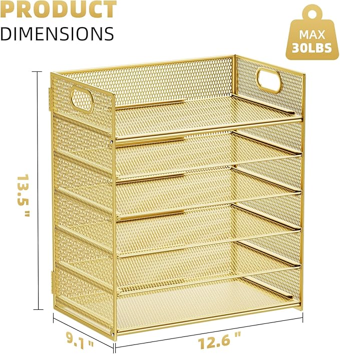 Marbrasse 2 Pack Desk Organizer with Handle, 6 Tier Paper Letter Tray, Mesh Desk File Organizer for Office, School and Home - Gold