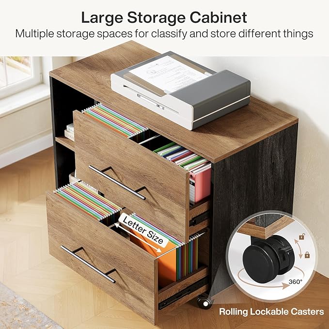 Tribesigns 70.86" Executive Desk with Mobile File Cabinet, Large L Shaped Computer Office Desk with 2 Drawers and Storage Shelves, Business Furniture Desk Workstation for Home Office (Light Brown)