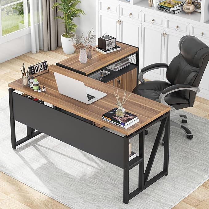 Tribesigns 55-inch L Shaped Desk with Drawer Cabinet, Executive Computer Desk and lateral File Cabinet, 2 Piece Home Office Furniture with Drawers for Hanging File, Doors with Locks (Brown, 55 inches)