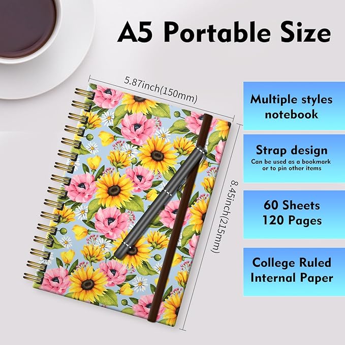 Spiral Journal Notebook, A5 Cute Notebooks for Women Men, College Ruled Hardcover Notebook for Work & Note Taking, 60 Pages Double-Wire Journals for Writing, Cute Sunflowers