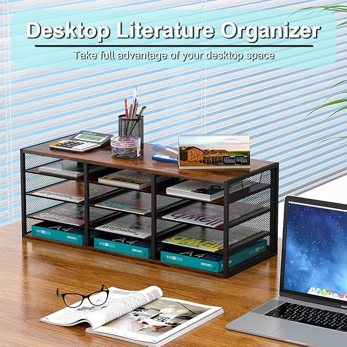 Mail Sorter Adjustable Holder, Countertop Literature Organizer, Student Mailbox for Classroom, Desktop Bill Paper Organizer for Office Home School, 12 Compartments, Brown