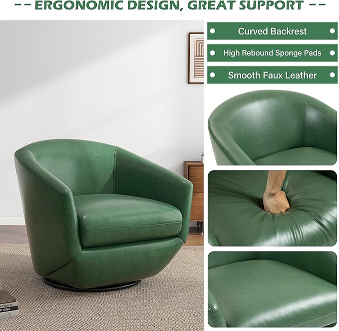 UIXE 360° Swivel Barrel Accent Chair, PU Leather Upholstered Club Armchair for Living Room, Modern Round Arm Chair Single Sofa Bedroom Reading Seating (Green)
