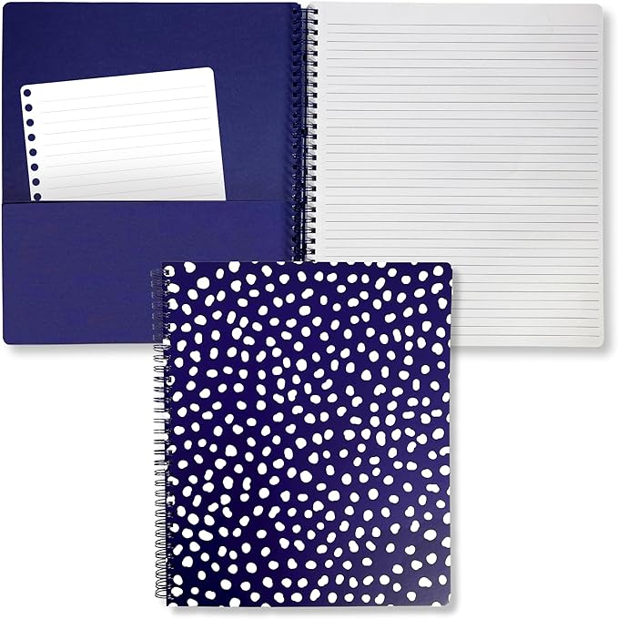 Steel Mill & Co Cute Large Spiral Notebook College Ruled, 11" x 9.5" with Durable Hardcover and 160 Lined Pages, Navy Dots
