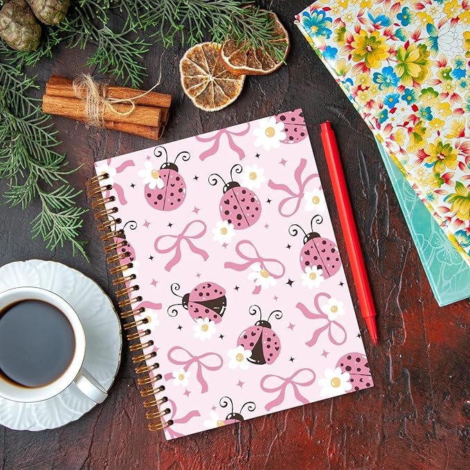 JXREQ Coquette Pink Bow Ladybug Floral Notebook Journal for Women Note Taking Study Writing, Preppy School Supplies, Pink Preppy Floral Spiral Notebooks 5.5x8.3