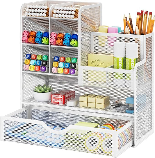 Marbrasse Mesh Pen Holder for Desk, Desk Organizer with Drawer, Multi-Functional Pencil Organizer, Desk Organizers and Accessories for Office Art Supplies (White)