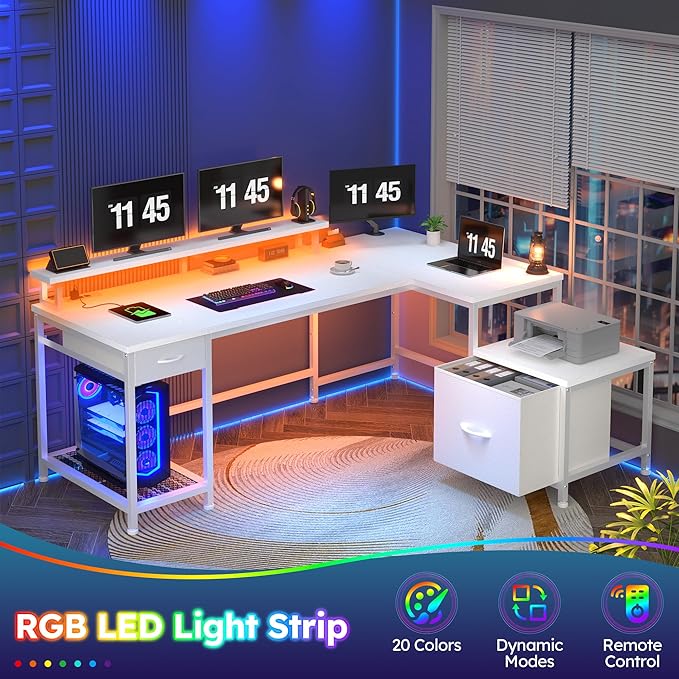 L Shaped Computer Desk with Drawers, Gaming Desk with LED Lights & Monitor Shelf, Office Desks with Power Outlets, Corner Desks for Home Office, Study Room and Bedroom, White