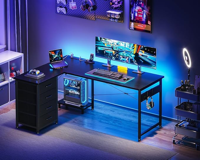 Casaottima L Shaped Desk with 4 Tier Drawers, 53" Gaming Desk with Power Outlets & USB, Reversible L-Shaped Computer Desk with CPU Stand, Home Office Corner Desk with Storage, Easy Assemble, Black