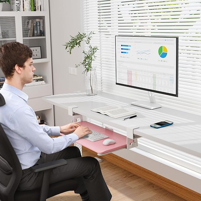 BONTEC KMT01 Under Desk Keyboard Tray, Pull-Out Keyboard & Mouse Platform with C-Clamp, 25.6 x 11.8 in Space-Saving Ergonomic Slide-Out Drawer, Pink