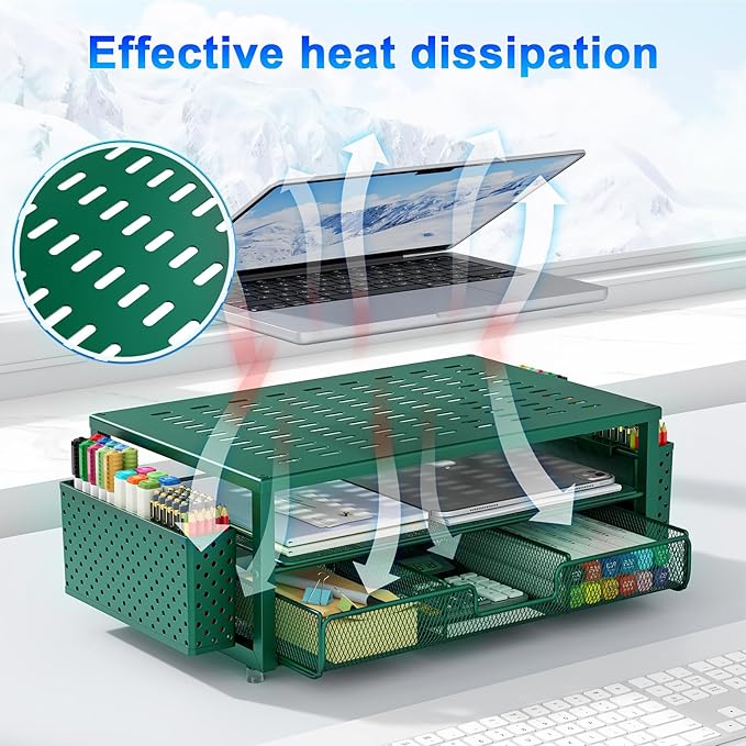 gianotter Desk Organizers and Accessories, Monitor Stand with Drawer and 2 Pen Holder, Desktop Organizer Suitable for Offices and Dormitories (Green)