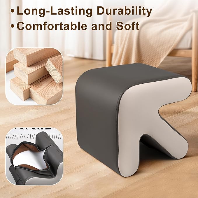 H&B Luxuries Ottoman, Foot Stool with Creative Shape, Napa Leather Ottomans, Removable Outer Foot Rest, No Assembly Required, Ottoman for Living Room, Bedroom, Entrance, Gray White