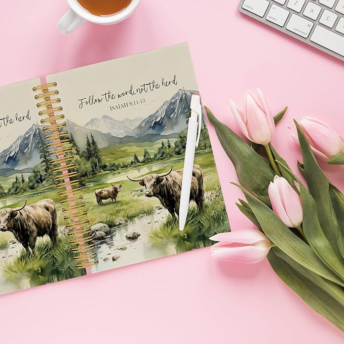 Christian Highland Cow Spiral Notebook, Farmhouse Cow Bible Journaling Notebooks, Rustic Country Mountain Farmhouse Hardcover Journals for Women 160 Pages 5.5x8.3 Inch, Christian Gifts for Women