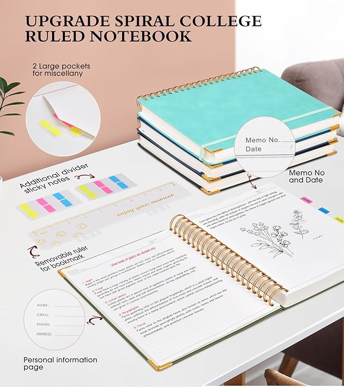 Spiral Notebook Journal 8.5” x 11”, 300 Pages Hardcover Leather Lined Journals for Women Men, A4 Large College Ruled Notebooks with 100 GSM Thick Paper, Spiral Journal for Writing Work, Olive Green