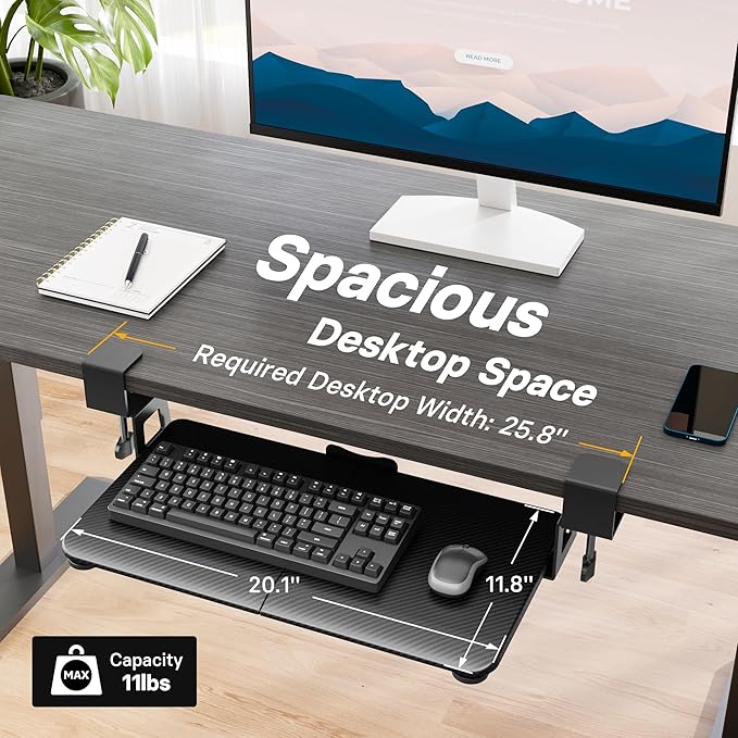 BONTEC KMT01-PJ Under Desk Keyboard Tray, Pull-Out Keyboard & Mouse Platform with C-Clamp, 20 x 11.8 in Space-Saving Ergonomic Slide-Out Drawer, Black Carbon Fiber
