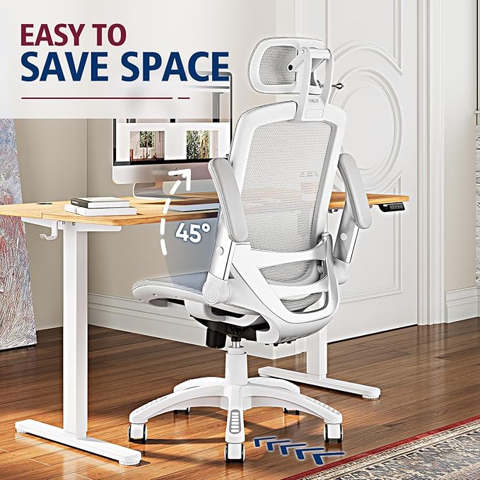 GABRYLLY Ergonomic Office Chair, High Back Home Desk Chair with Headrest, Flip-Up Arms, 90-120° Tilt Lock and Wide Cushion, 400LBS Mesh Chairs for Man Woman, White Task Chair(Grey,GY01WG)