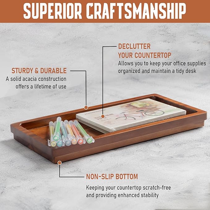 Demigo Acacia Wood Valet Tray & Catchall (11.9x6x1 inch) - Wooden Desk Organizer for Office Supplies, Keys, Wallet & Mail - Entryway & Nightstand Decor