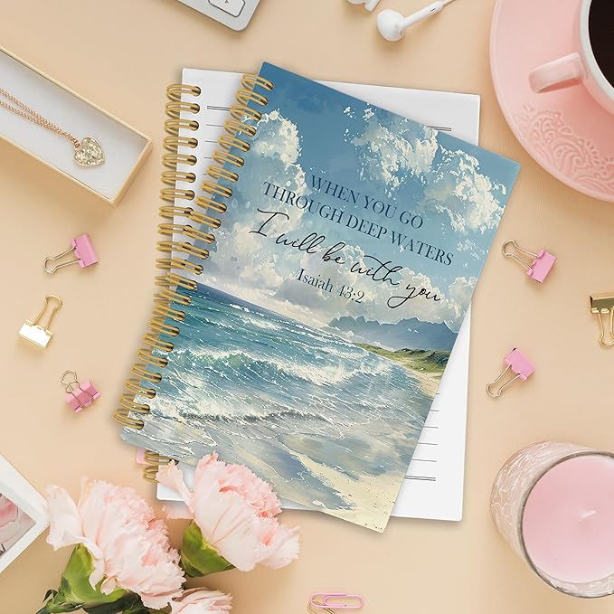 Ocean Christian Spiral Notebook, Coastal Bible Journaling Notebooks for Women Men, Religious Beach Hardcover Journals for Office 160 Pages 5.5 x 8.3 Inch, Scripture Gifts for Women Faith