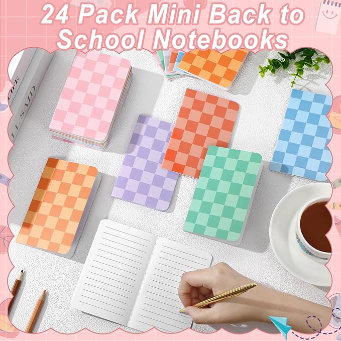 24 Pack Mini Hippie Groovy Notebooks Back to School Favors Small Pocket Size Retro Pink Blue Checked School Girl Notebooks for Students Teacher Appreciation Gift Employee Classroom Prize 5x3 Inch