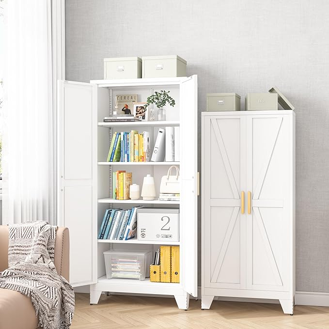 61H Metal Storage Cabinet with 2 Doors and 5 Shelves,Farmhouse Storage Cabinet with Barn Doors,Pantry Storage for Home,Office,Bathroom,Dining Room,Kitchen(White)