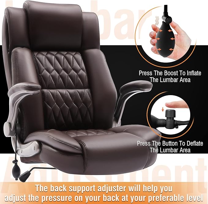 Large High Back Office Chair - Adjustable Lumbar Support Flip Up Arms Heavy Duty Quiet Wheels Metal Base Breathable Bonded Leather Ergonomic Executive Computer Desk Chair with Storage Bags, Brown