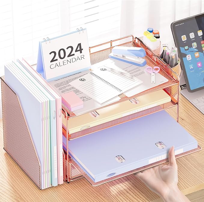 Desk Organizer and Accessories, 4-Tier Desktop File Organizer with Drawer and 2 Pen Holders, Office Desk Accessories for Office Supplies(Rose Gold)