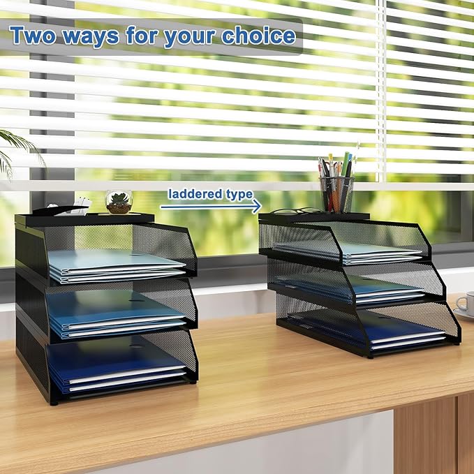 Natwind 3-Tier Stackable Paper Tray, Metal Mesh Desktop Organizer, Paper Sorter, Letter Trays,File Document Storage Rack for for Home, Office, School (Black)