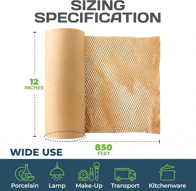 HexaFil Mini - Honeycomb Packing Paper, Eco-Friendly, Sustainable Filler for Shipping & Moving, Cushioned Packing Material in Dispenser Box, Alternative to Bubble Wrap - Natural, 12" x 850'