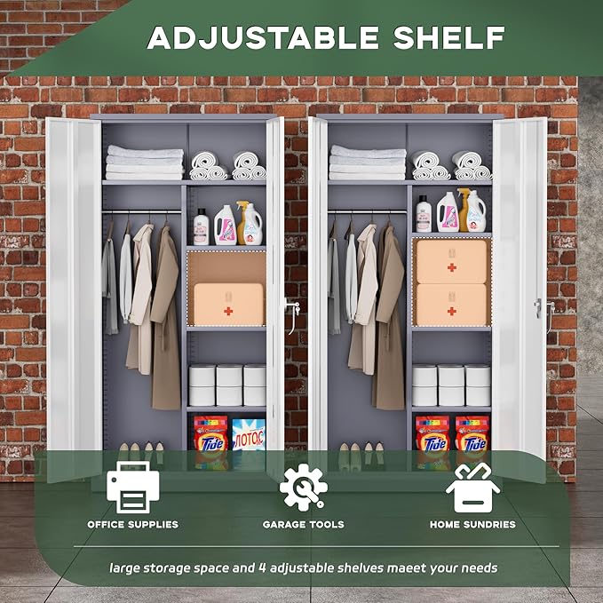 Greenvelly Metal Wardrobe Cabinet with Lock Door, 72" Metal Wardrobe Closet Cabinet with Hanging Rods and Adjustable Shelves, Steel Storage Locker Closet for Home, Office, Employee, Gym (White Grey)