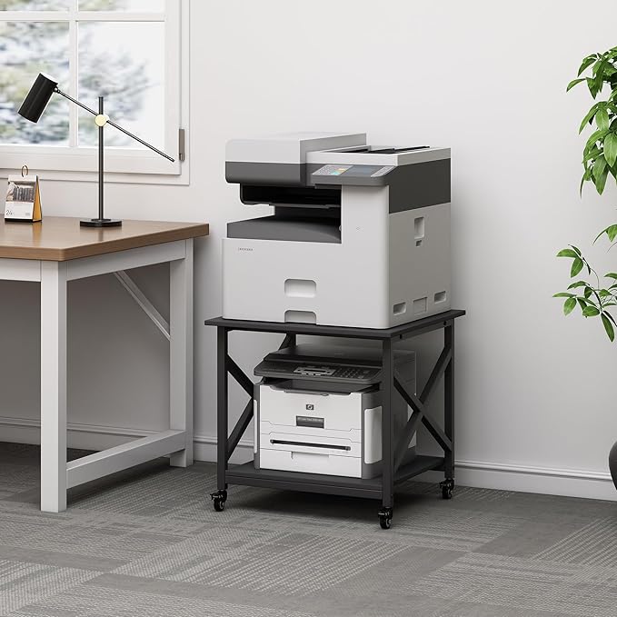 2 Tier Large Printer Stand, 23.6 x 23.6 x 22.6 Inches Square Printer Table with Storage Shelf, Rolling Printer Cart with Industrial Wheels for Home Office, Mini Fridge Stand Table - Black