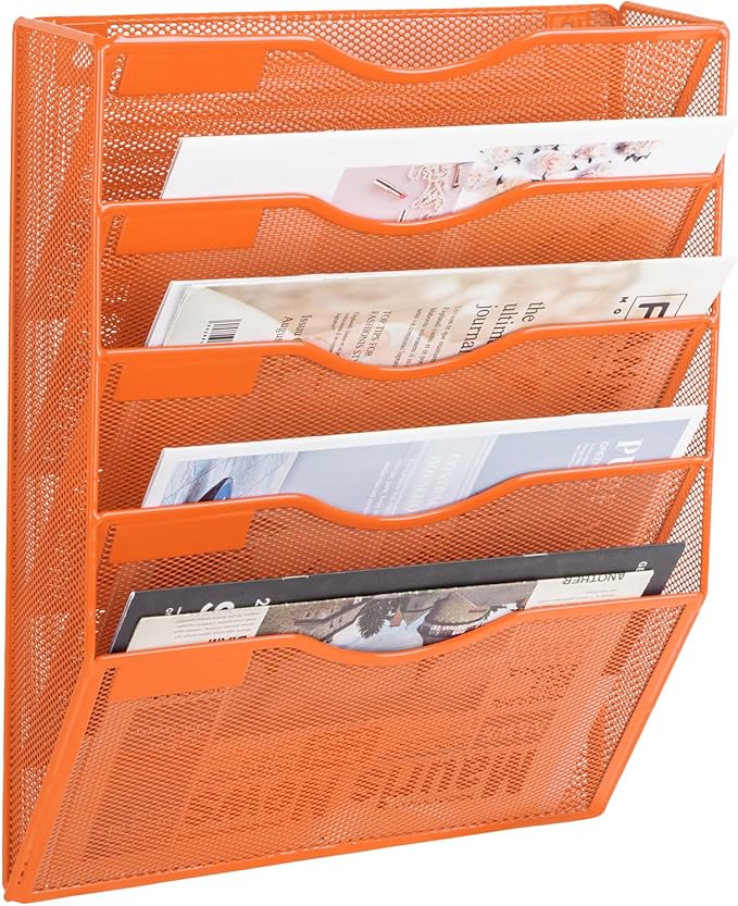 EASEPRES 5 Pocket Mesh Hanging Wall File Organizer, Wall Mounted Mail Paper Document Folder Holder, Clipboard Storage Organization Magazine Rack with Nametag Label for Office Home School, Orange