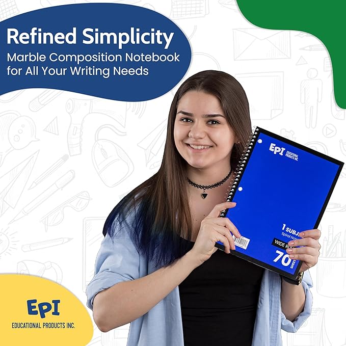 EPI Spiral Notebook | Wide - 70 Sheets, Durable Spiral Binding | 10.5 x 8 in | Classroom Supplies | School, Office, Note Taking, Journaling - 48 Pack