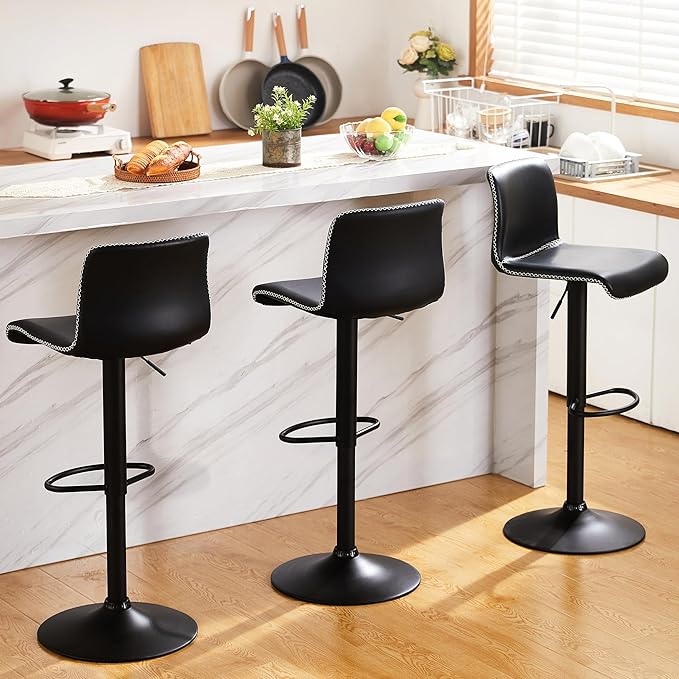 HeuGah Bar Stools Set of 3, Swivel Counter Height Barstools with Back, Adjustable Height 24" to 32", Black Faux Leather Bar Chairs for Kitchen Island (Black, Set of 3 (24'' to 32''))