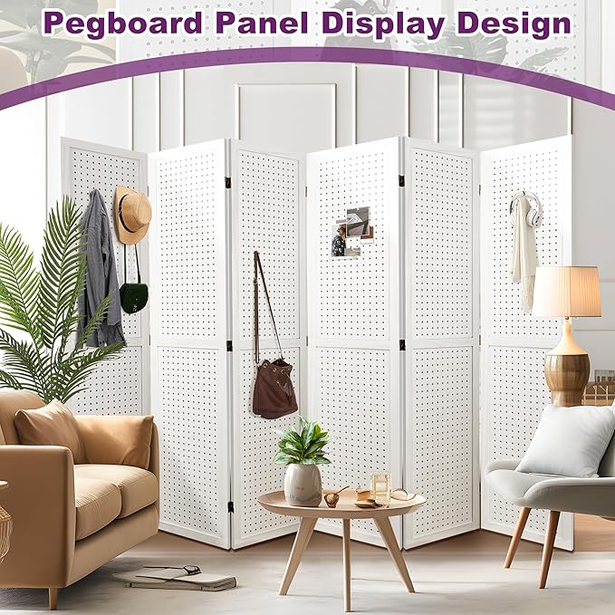 Room Divider, 5.6FT Folding Room Divider Panel, 6 Panel Pegboard Display Wood Partition Wall Divider for Room Separation& Craft Shows, White