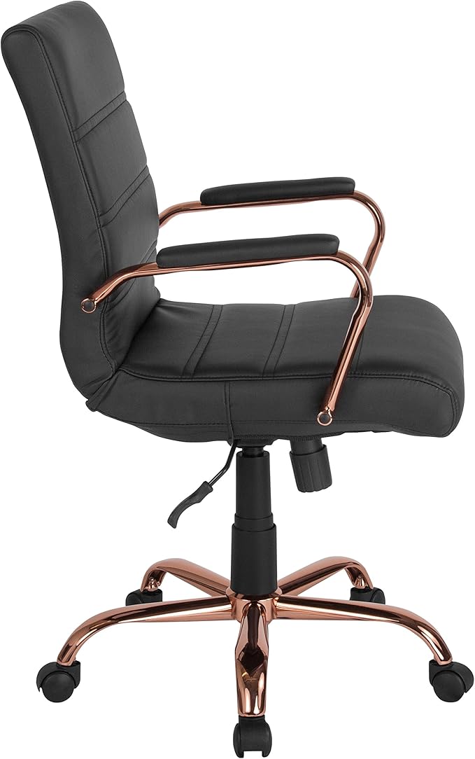Flash Furniture Whitney Mid-Back Swivel LeatherSoft Desk Chair with Padded Seat and Armrests, Adjustable Height Padded LeatherSoft Office Chair, Black/Rose Gold