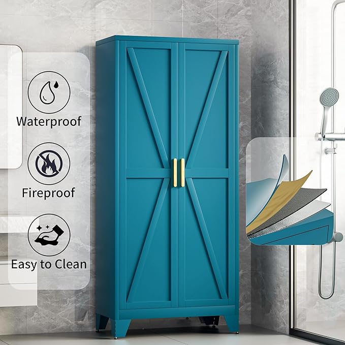 71H Tall Metal Storage Cabinet with 2 Doors and 5 Shelves,Farmhouse Storage Cabinet with Barn Doors,Pantry Storage for Home,Office,Bathroom,Dining Room,Kitchen(Blue)
