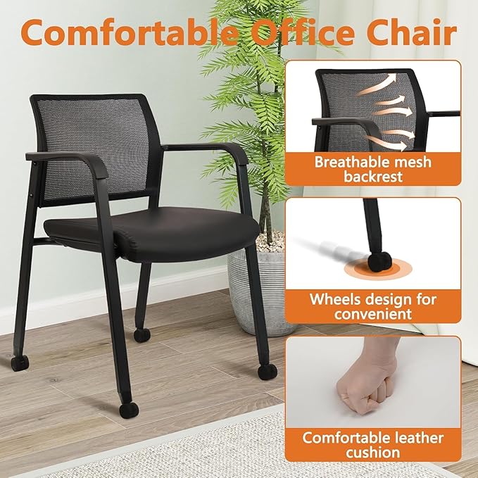 CLATINA Stacking Office Chair with Wheels, Mesh Back Waiting Room Guest Chairs with Arms Comfortable Leather Cushion Stackable Desk Chair for Conference Reception School Side Stationary, Black, 8 PK
